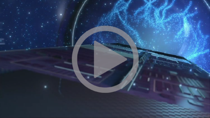 A futuristic spaceship ascends through a starry space backdrop, viewed from below; cosmic colors illuminate the scene.