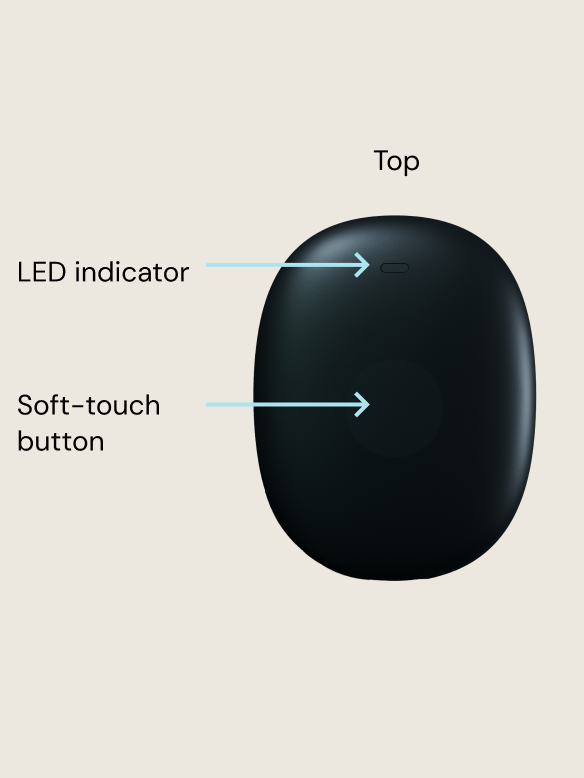 Black CGM device with a soft-touch button and LED indicator, labeled "Top" in a minimalist, light background.